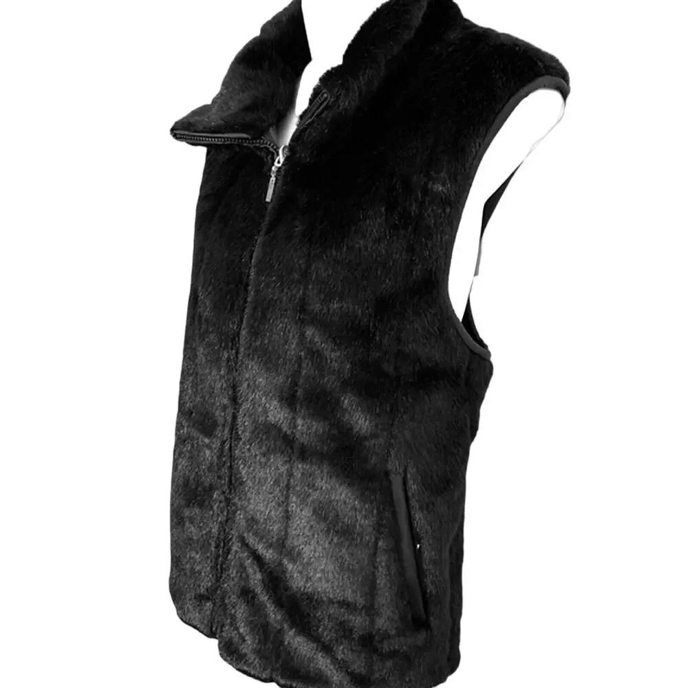 Giacca Gallery Womens Black Full Zip Faux Fur Reversible Vest Jacket Mob Wife M